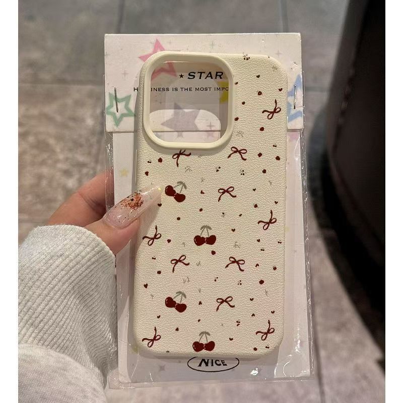 

For iPhone 15 Pro Max Case Heart Cherry Pattern Litchi Texture TPU Phone Cover Type A