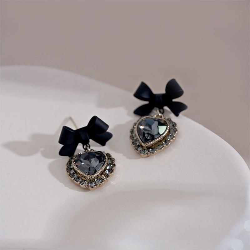 Fashion Elegant Black Bow Heart Drop Earring Women Personality Earrings Party Trending Jewelry