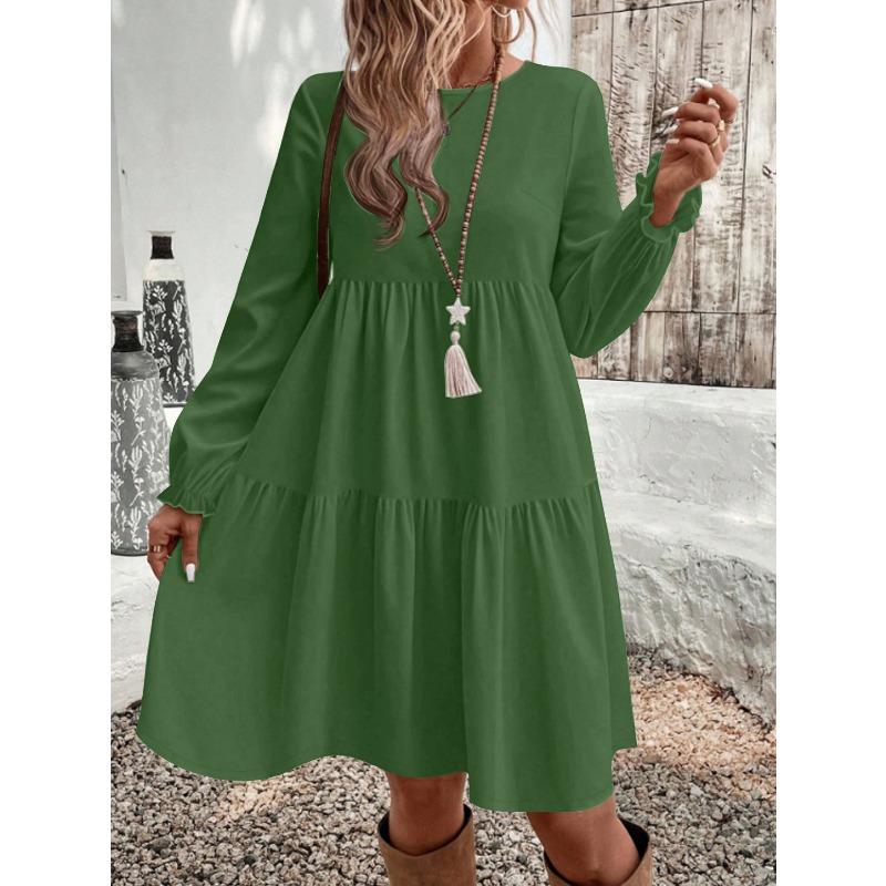 

Women s Dress Spring and Summer Puff Sleeve Solid Color Loose Casual Ladies Dress Simple Temperament Round Neck A Line Long Sleeve Dresses for Women XXL зелений
