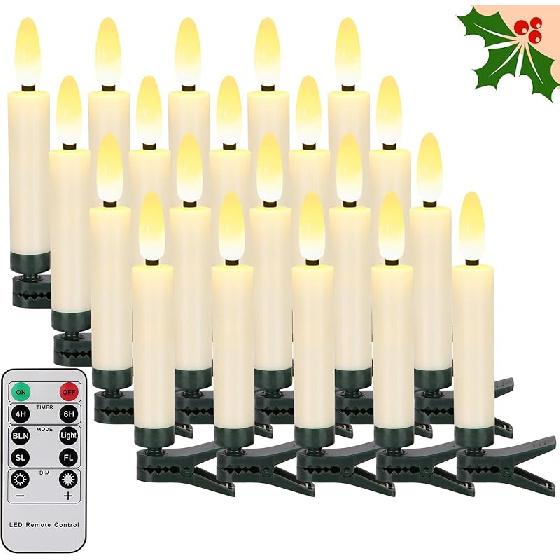 20 PCS Christmas Tree Candles Lights Flickering,Clip on Candle Battery Operated Taper Candle Stick with Timer,Mini Flameless Candles for Wreath