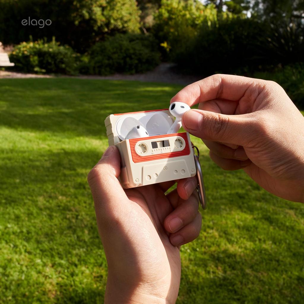 AirPods 4 Soft Silicone with Cassette Tape Wireless Charging Compatible 4th Generation Casette Tape Hang Classic White Red [elago] Case, Shockproof,