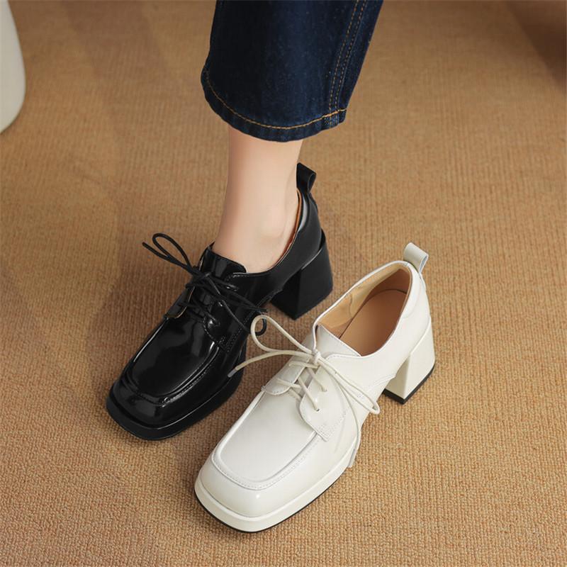 Fashion New Spring Autumn Split Leather Loafers Woman Shoes Chunky Heel Square Toe Platform Shoes for Women High Heels Women Pumps