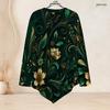 Women Plus Size Round Neck Long Sleeve T Shirt Dark Green Gold Floral Printed Asymmetric Hem Button Detail