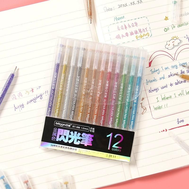 Metallic Glitter Gel Pens, 12 Colors 1.0mm Fine Tip,for Adult Coloring Book, Kids Drawing Art Supplies, Scrapbook, Sparkle