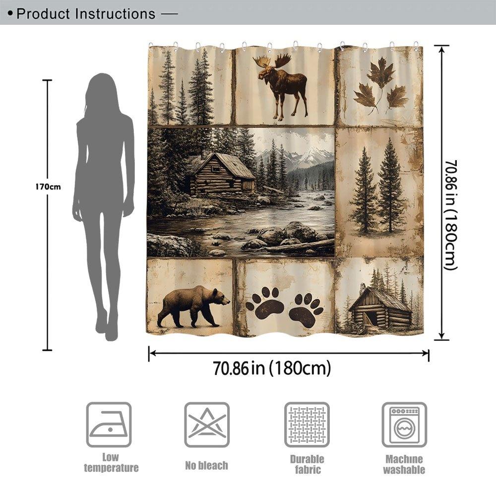 Rustic Nature Shower Curtain Moose Cabin Mountain Bear Trees Paw Prints Sepia Wilderness Collage Polyester With Hooks