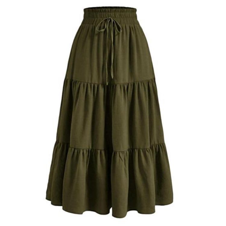 Gonna Estiva da Donna Stile Bohemien Elastica Vita Alta Coulisse Regolabile Gonna a Torta Linea ad A Colore Unito