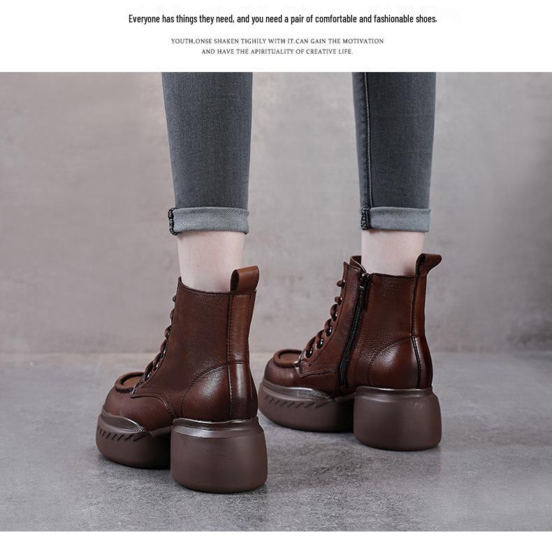Genuine Leather Zippered Retro Platform Heel Women's Martin Boots