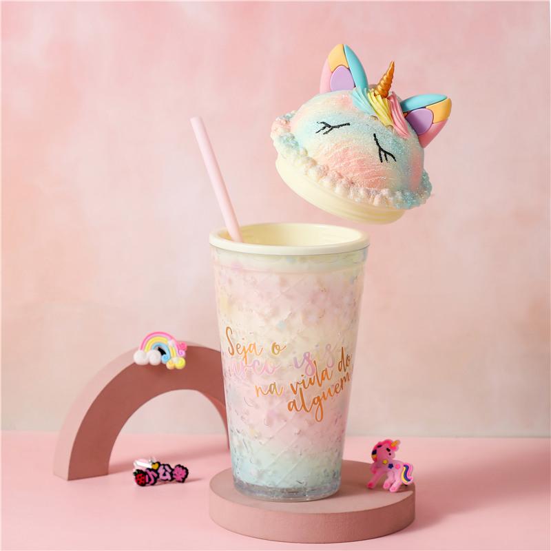 Carina Borraccia Unicorno Borraccia in Plastica con Cannuccia Stile Coreano Carina Estiva Fresca Tazza Ghiacciata per Latte Caffè Tazza da Tè