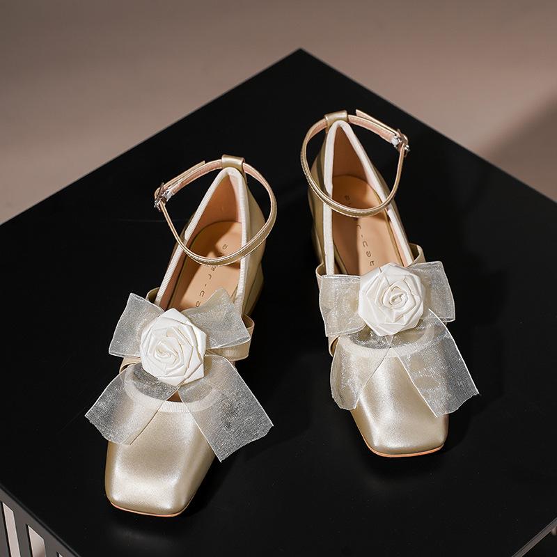 57709 [sheepskin] High Heels Women's Thick Heel New Square Head Word with Mary Jane Shoes Light Mouth Flower Single Shoes