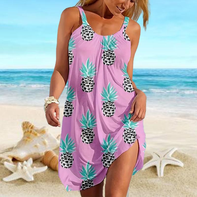 

Пляжная одежда Мини-платье с принтом ананаса Свободная юбка-камисоль Повседневное современное платье без рукавов Свободный крой для улицы Повседневное лето 8XL фиолетовый