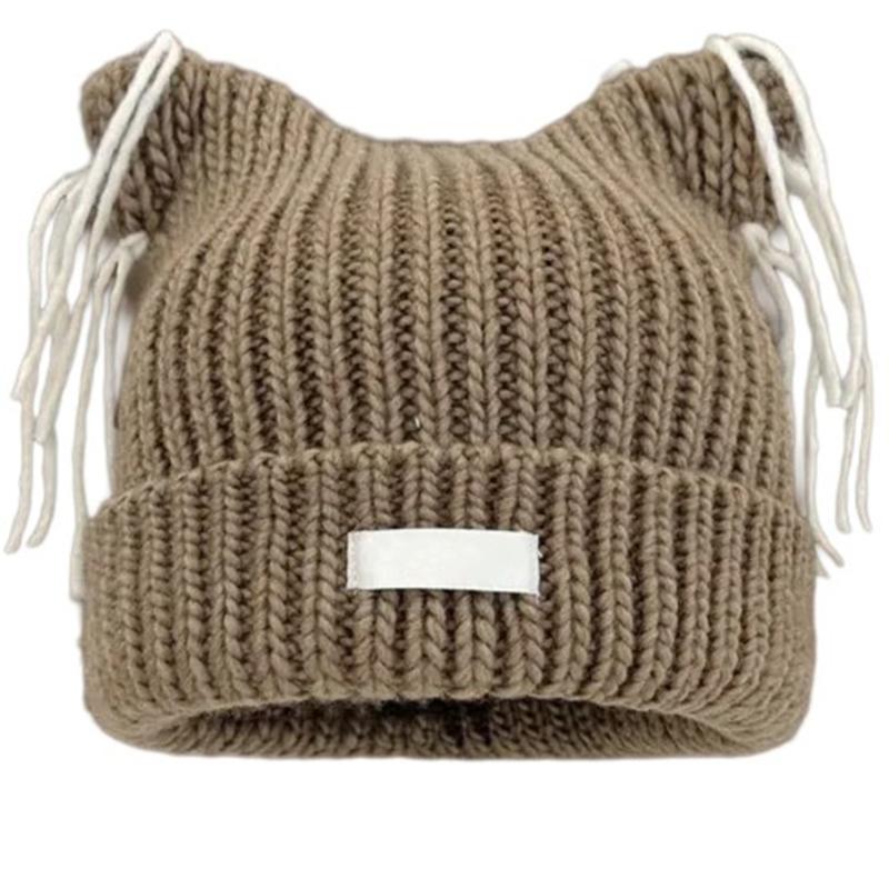 Cats Ear Knitted Hat Tassels Letter Decration Hat Foldable Fuzzy Winter Hat for Youthful Stylish Look