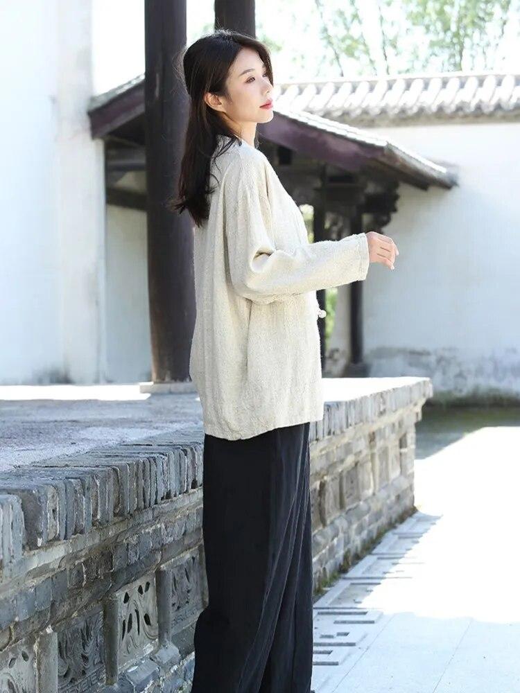 Johnature Camicia da donna autunnale vintage con cuciture tinta unita, scollo a V, in lino, maniche lunghe larghe