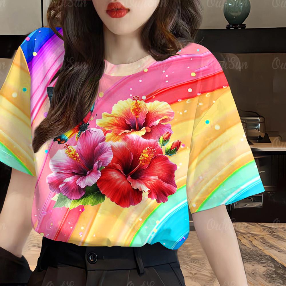 

Women s round neck short sleeved big flower top colorful Hawaiian T-shirt XS