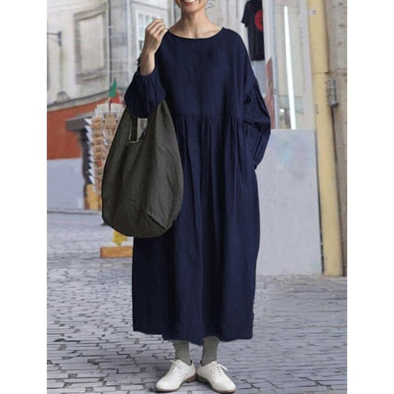 YYFS Women's Fashion Spring Fall Solid Color Print Long Sleeve O-Neck Loose Waistline Casual Dresses