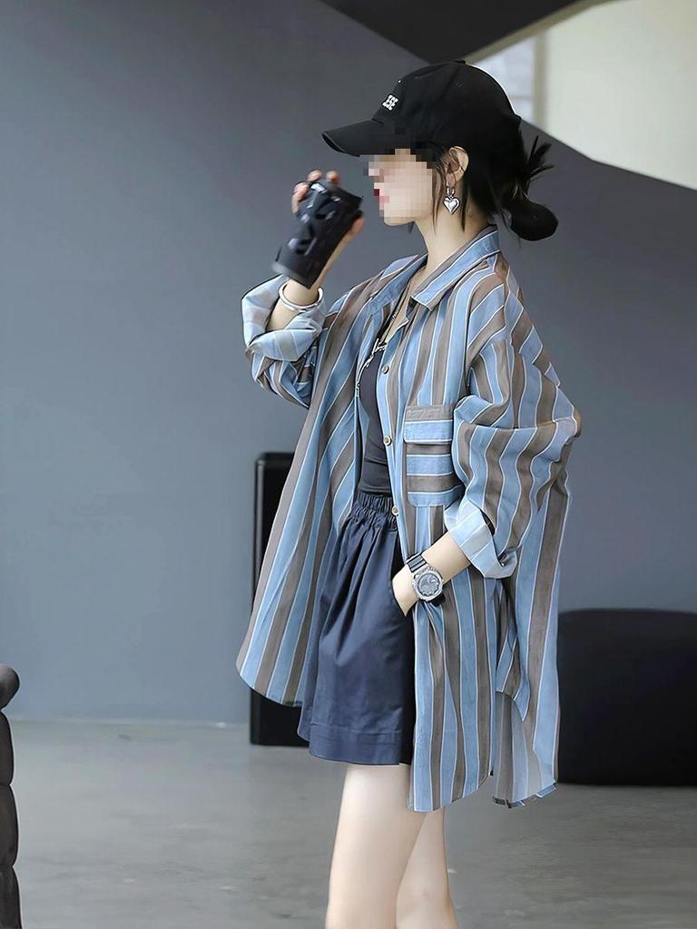 Women's Striped Long-Sleeve Shirt - Spring/Autumn Style, Sun Protection, Fresh & Loose Top