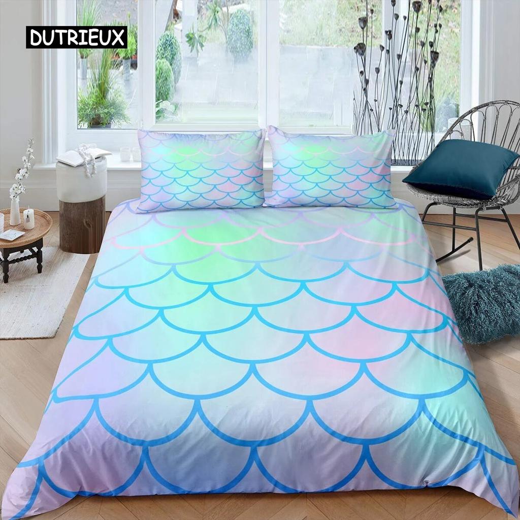 Fish Scales Duvet Cover Set Bedding Set Colorful Mermaid Scale Quilt Cover Pillowcase Queen Size Girls 2/3pcs Comforter Cover Three-piece Set