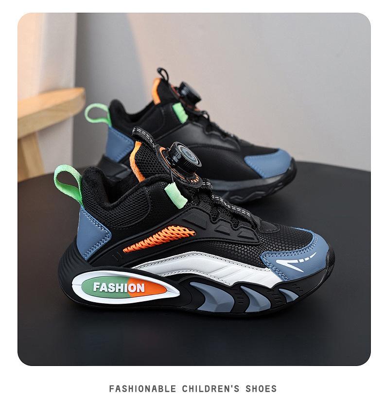 Boys' Winter Sneakers: Velvet-Lined, Rotating Buckle, Cotton Basketball Shoes for Big Kids