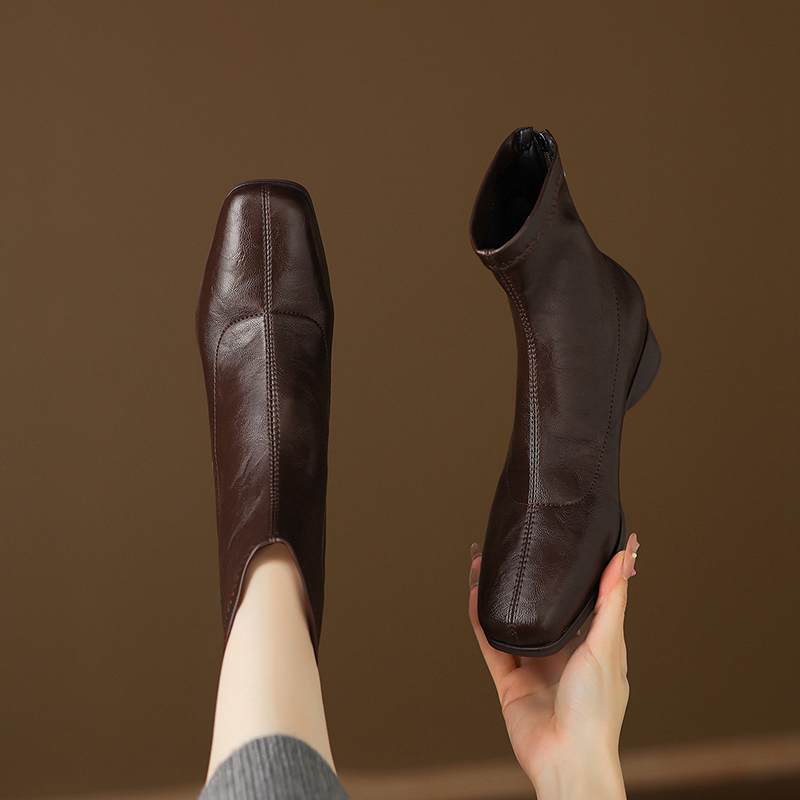 Krazing Pot Microfiber Winter Square Toe Modern Size 33 Boots Size 43 Metal Rivets Med Heels Zipper Women Ankle Boots