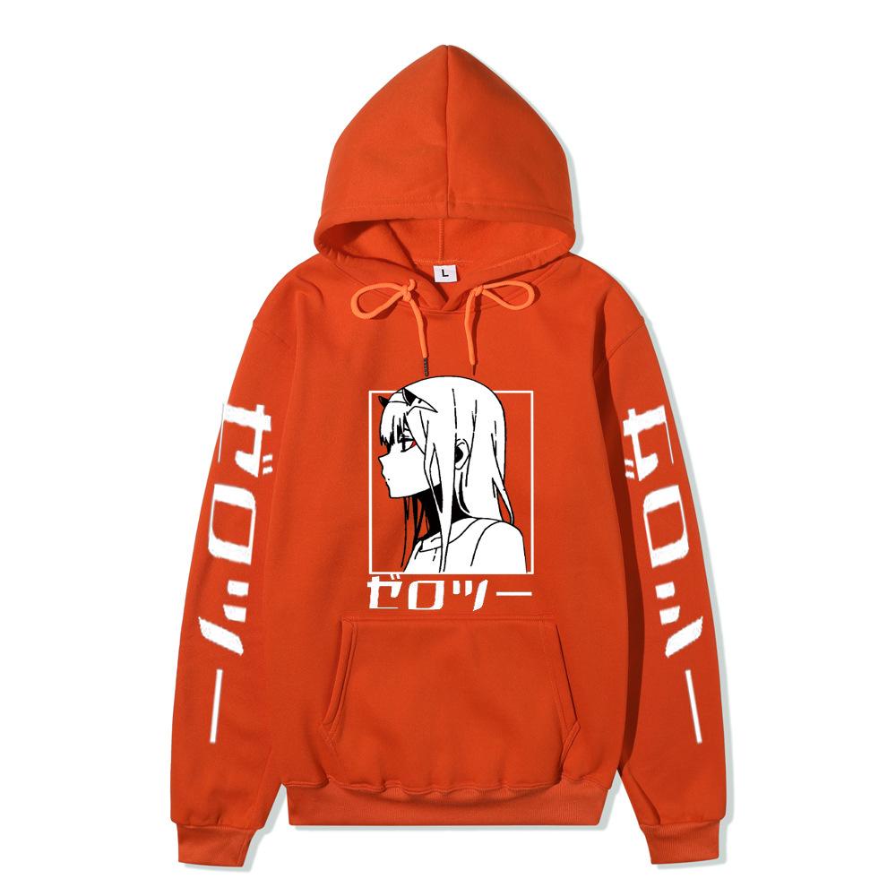Zero Two Side Profile Anime Hoodie Japanese Letter Print Black Casual Long Sleeve Hooded Sweatshirt Pullover