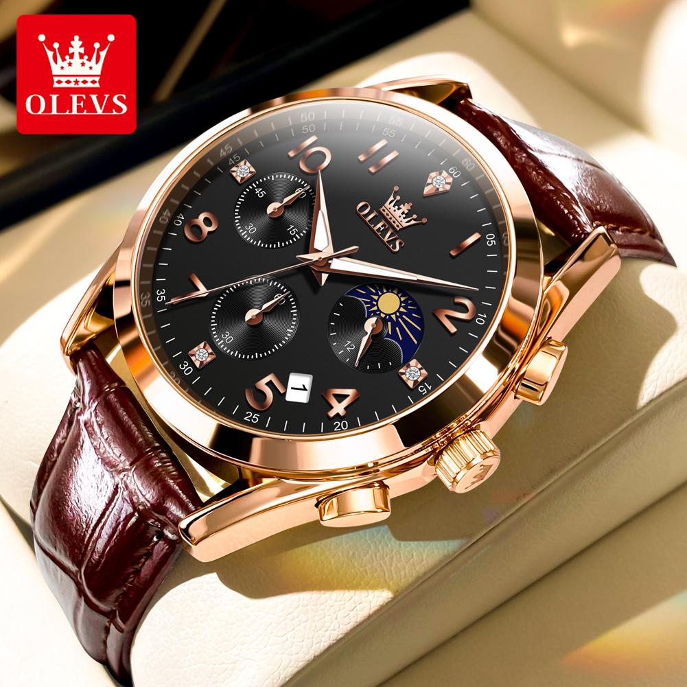 OLEVS 2890 Sport Men's Watches Moon Phase Chronograph Luminous Leather Strap Date Buisness Fashion Quartz Man Wristwatch
