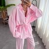European and American New Products, Lazy Style, Solid Color Straps, Cardigan, Drape Wide-leg Pants, Casual Two-piece Set, Women's Pajamas, Loungewear