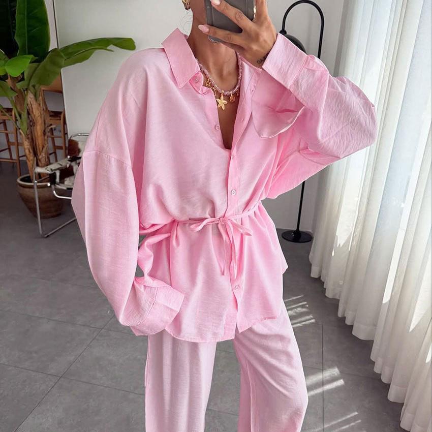 European and American New Products, Lazy Style, Solid Color Straps, Cardigan, Drape Wide-leg Pants, Casual Two-piece Set, Women's Pajamas, Loungewear