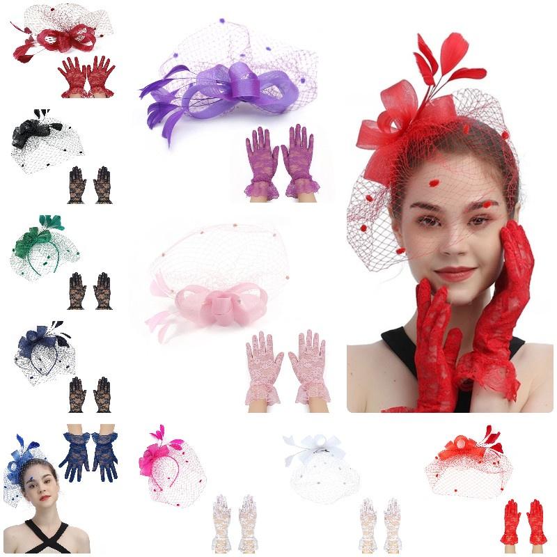 Oberoende Förpackning Spetshandskar Och Vintage Slöja Pannband Set För Bröllop Rese Souvenirer Personal Förmåner Ha5082 Set