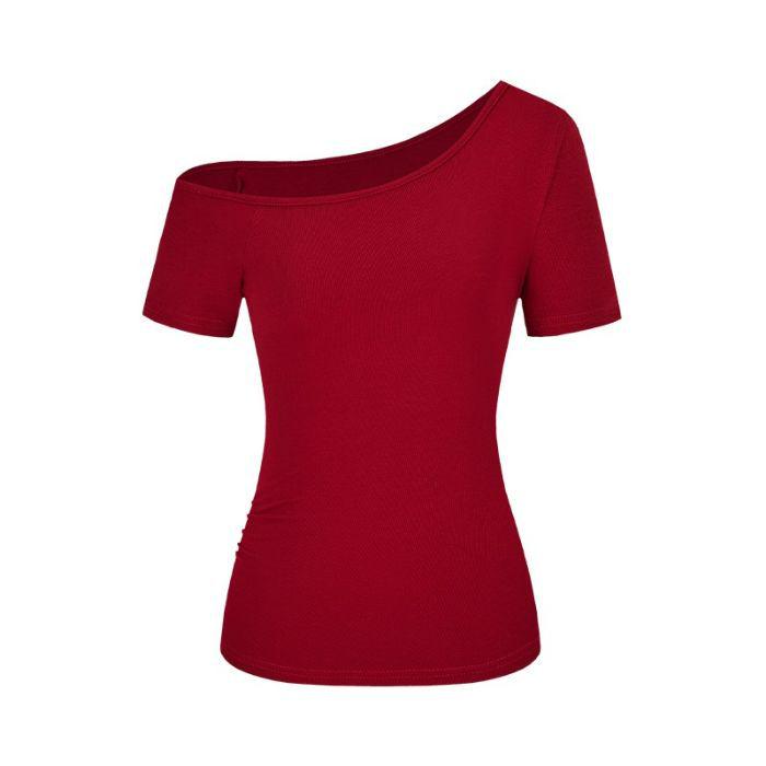 Spring 2025 Off-Shoulder Slim Fit Women's T-Shirt - Solid Color, Short-Sleeve Pullover