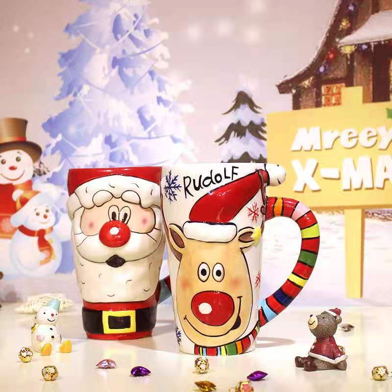 Creative Hand-painted Ceramic Mug Large-capacity Cartoon Mug Cute Water Mug Couple Santa Claus Mug