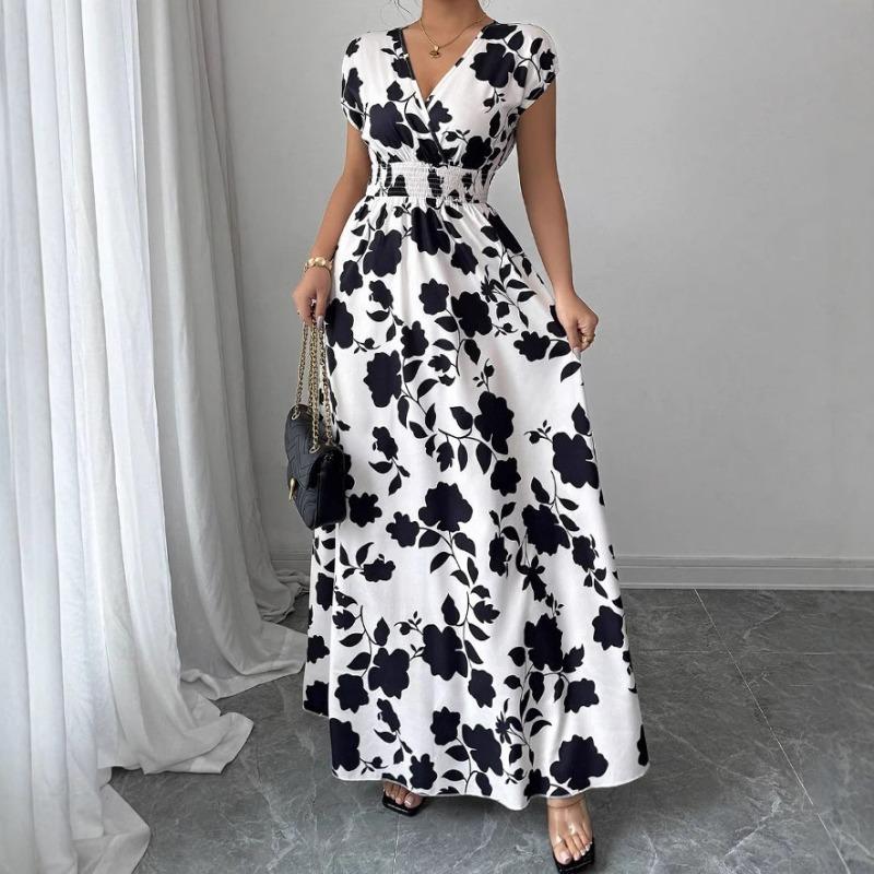 New Printed V-neck Short Sleeved Summer Dress Waist Cinching A-line Party Dresses Casual Elegant Sweet Long Dress Losoe Casual Women's Clothing