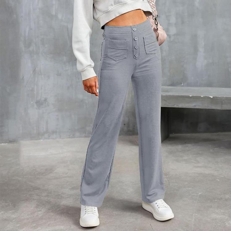 New Women High Waist Casual Straight Pants with Pockets European American Fashion Elastic Waist Button