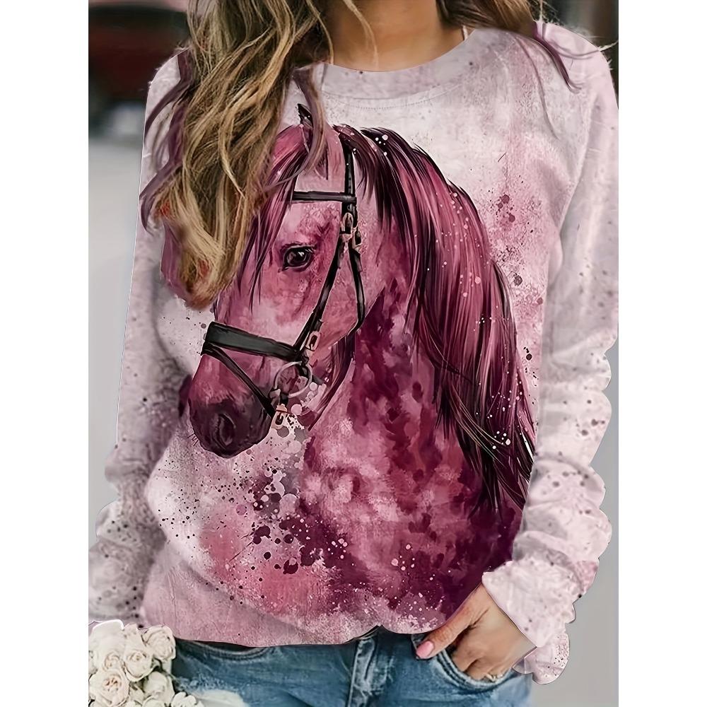 Fashion Women's Sweatshirt Horse Graphic Print Sweatshirt Casual Long Sleeve Crew Neck Pullover Clothing