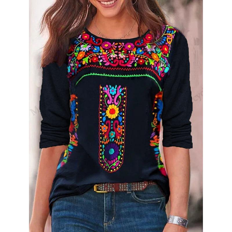 Vintage Flower 3d Graphic Print T-Shirt Women Fashion Casual Oversized Long Sleeve T-shirt Women Clothes Blossom Tops Tee Female