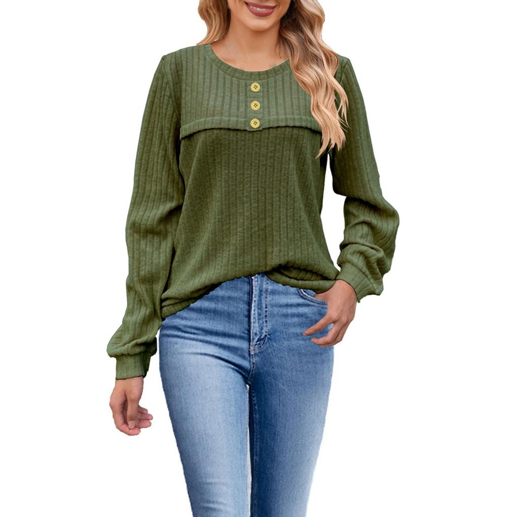 Damenmode Locker Rundhals Knopf Langarm T-Shirt Lässiges Strickoberteil