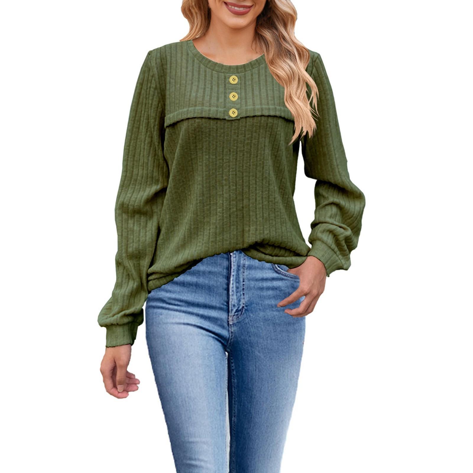 

Women s Fashion Loose Round Neck Button Long Sleeve T-Shirt Casual Knit Top XL