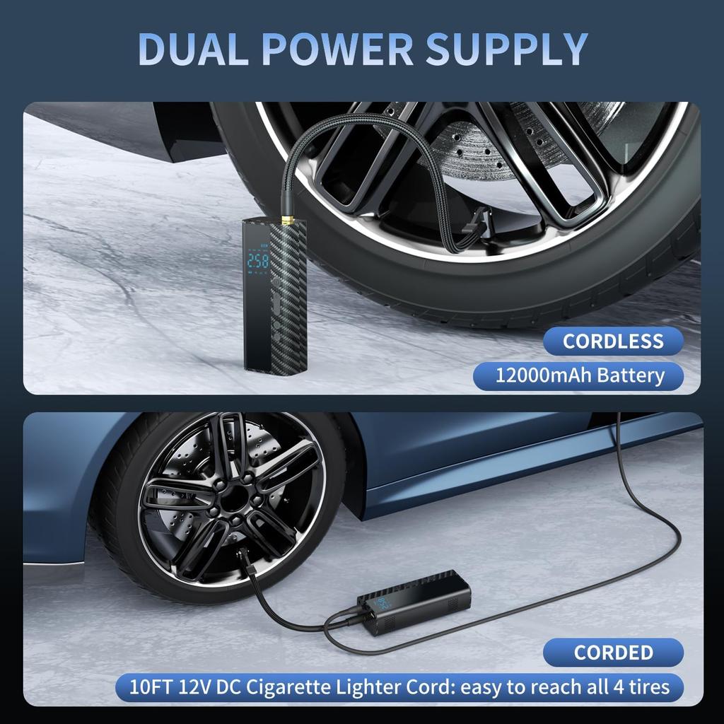 Portable Tire Inflator 150PSI Air Pump 12000mAh, Fast Car Bike Motorcycle Tire Pump with Pressure Gauge & Auto OFF