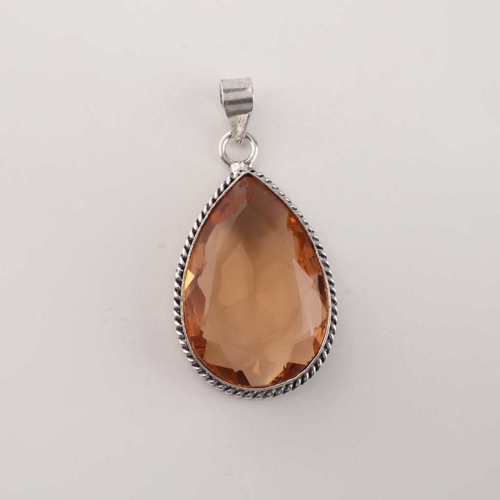 Champagne Quartz Gemstone Silver Women Pendant 1.8" , 925 Sterling Silver Jewelry, Orange Color Stone Pendant For Love PP-65-12