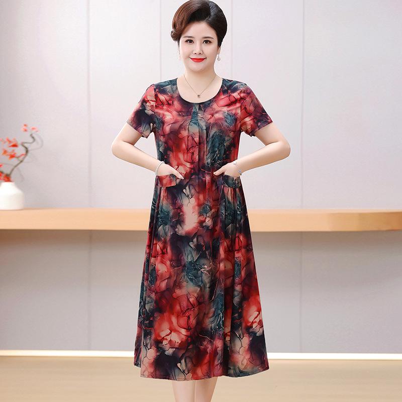 Women's Floral Cotton & Rayon Summer Dress - Plus Size, Belly-Covering, Loose Fit for Middle-Aged & Elderly