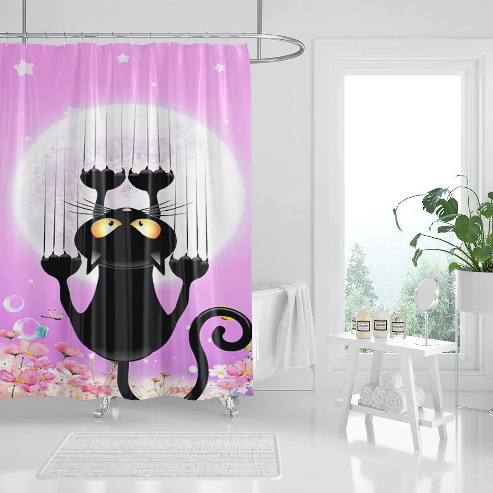 Three Funny Naughty Black Cat Shower Curtain Scratching The Wall With His Paws Fabric Bathroom Decor Set Hooks White And Black