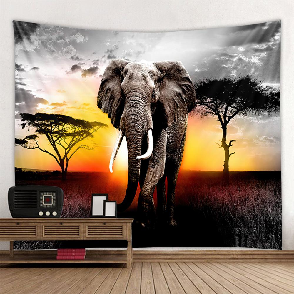 Bohemian Elephant Art Tapestry Sunrise Sunset Forest Landscape Home Decoration Wall Hanging Hippie Living Room Background Cloth