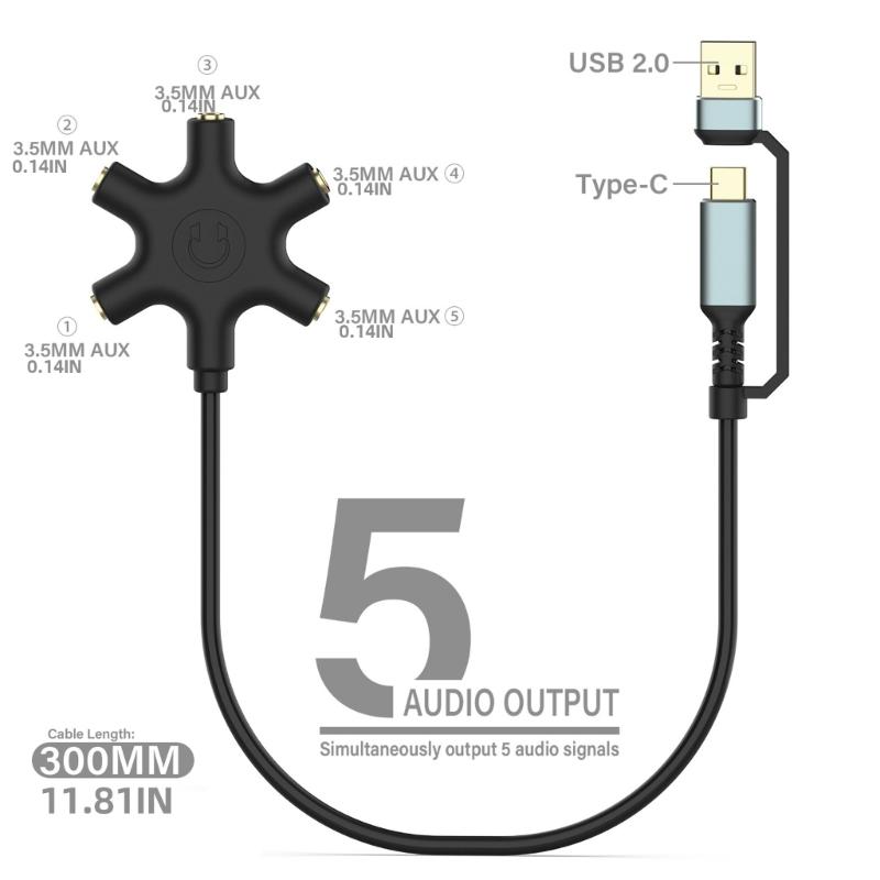 Two to Five AUX Expansion Splitter USB A/Type C Male to 5-Port 3.5mm Female Music Sharer Adapter for Headphone Speaker
