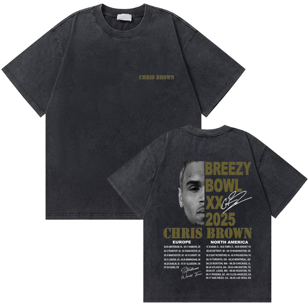 Washed Rapper Chris Brown Breezy Bowl XX World Tour Tshirts Men Women Hip Hop Retro Tshirt Mens Fashion Trend Streetwear