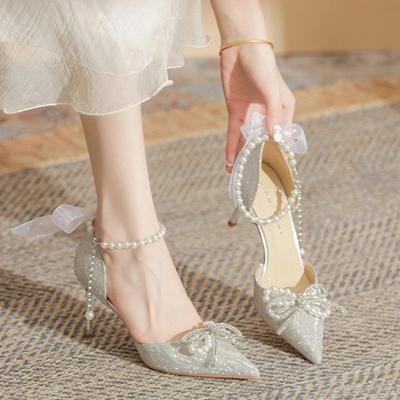 Damen Sandaletten mit hohen Absätzen Sommer Mode Schleife Perle Frau Spitzpumps Elegante Damen Sandalen Party Damenschuhe