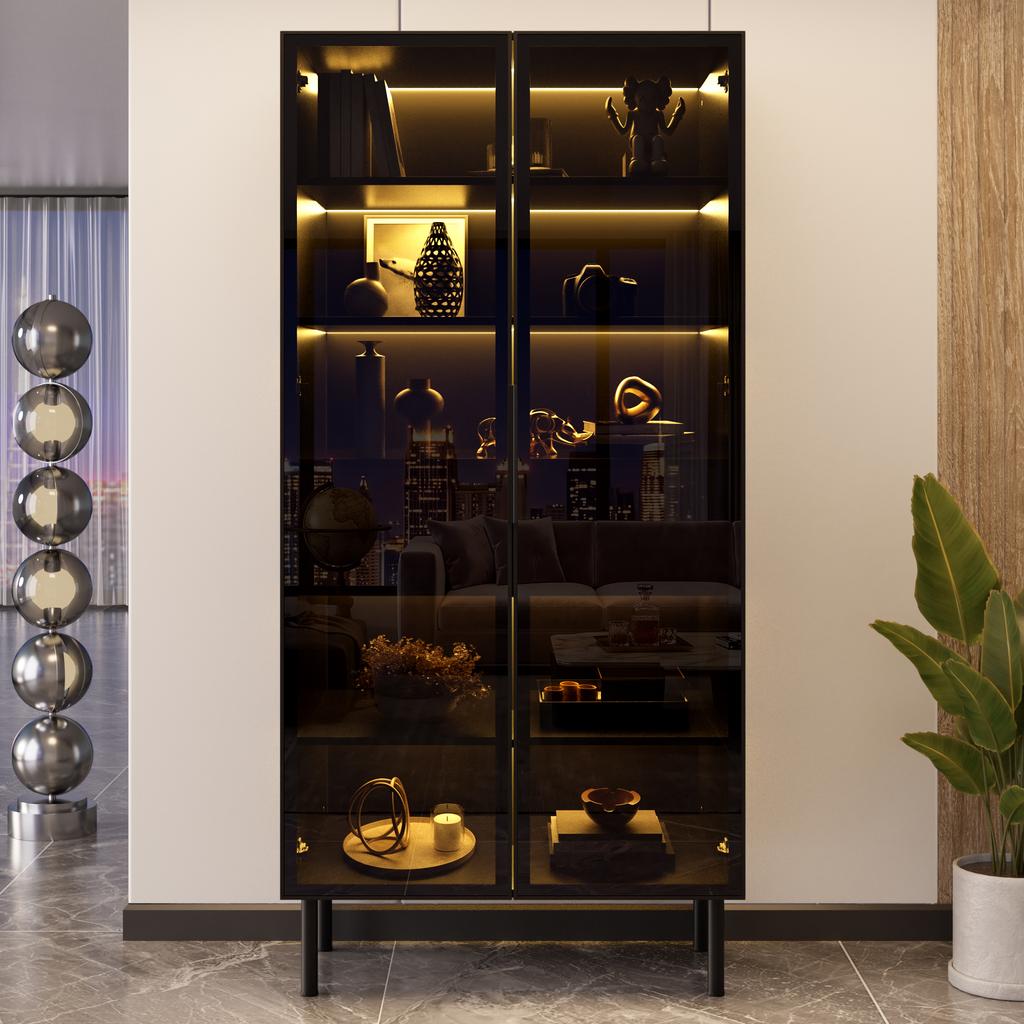 Vitrine mit Glastüren, LED-Beleuchtung App-gesteuert, 2 Schubladen, Innenböden, Aufbewahrungsschrank mit Glasfront