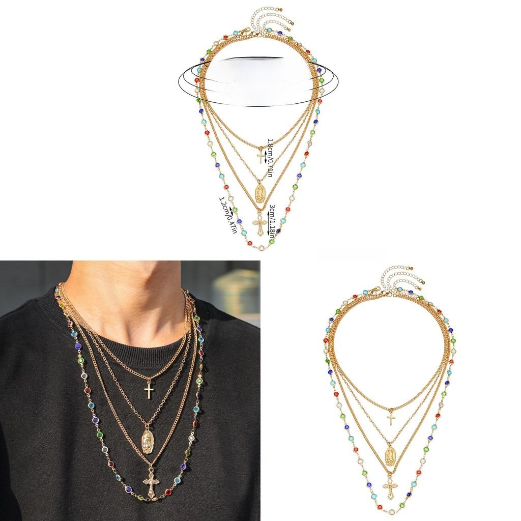 Geometric Cross Pendant Necklace With Tassel And Colorful Crystals For Fashion Forward Men And Women