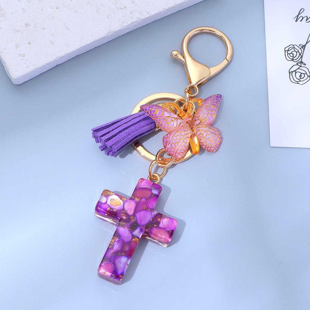 Resin Cross Keychain Butterfly Tassel Pendant