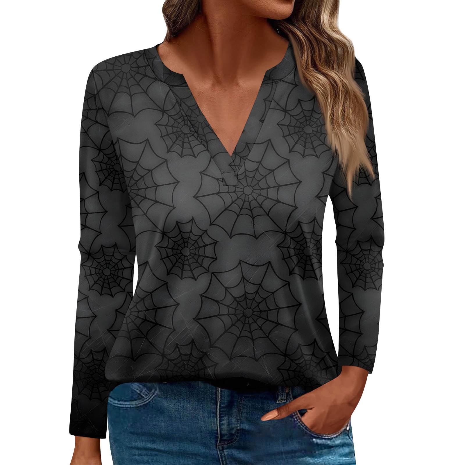 

Женская модная повседневная футболка с V-образным вырезом и длинным рукавом с принтом на Хэллоуин L