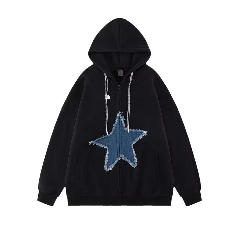 2026 Spring And Autumn New Trendy American Retro Letter Star Printed Jacket Hoodie Trendy Men's Loose Casual Solid Color Jacket