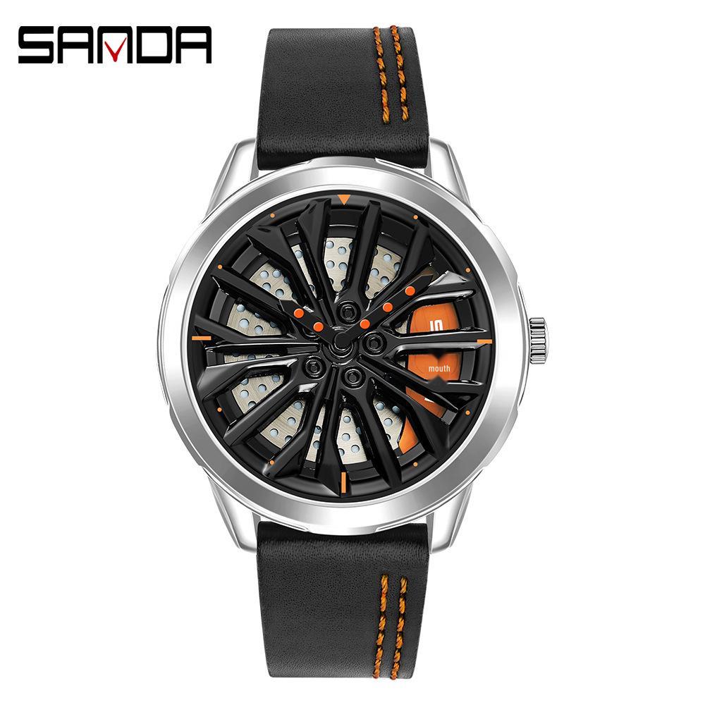 Sanda Cool Wheel Men s Skeleton Dial Leather Strap Waterproof Quartz Watch
