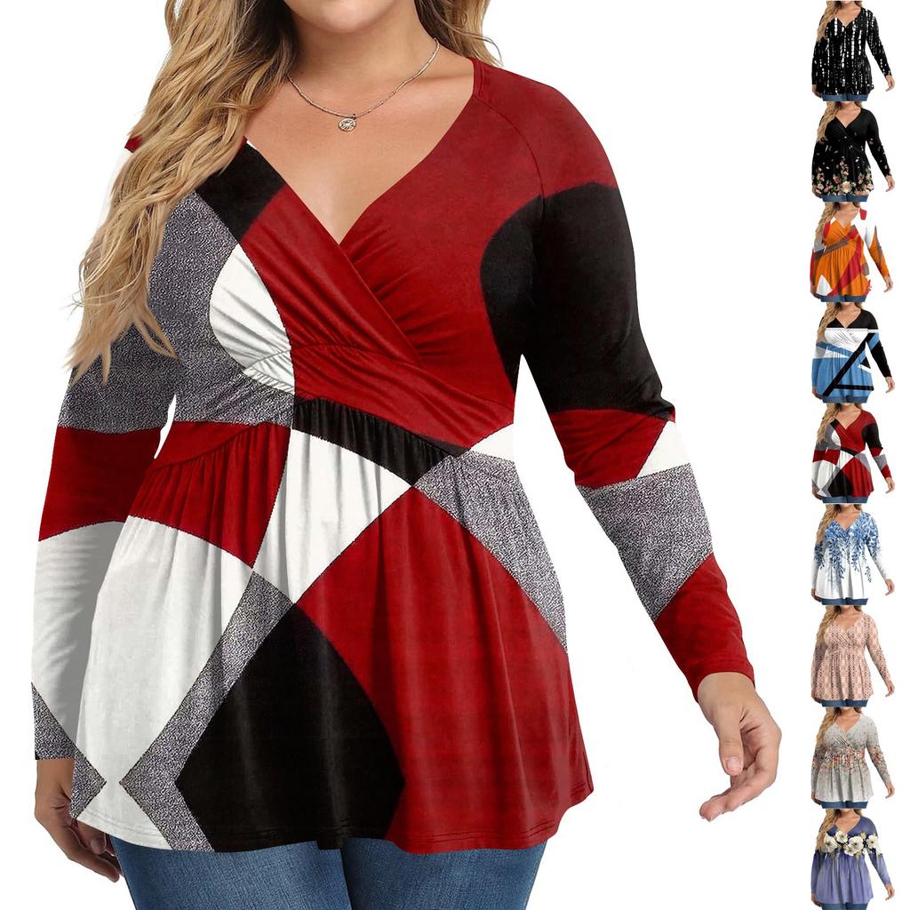 Women's Plus Size Shirt Long Sleeve  Print Top Pleated Casual V-Neck Top